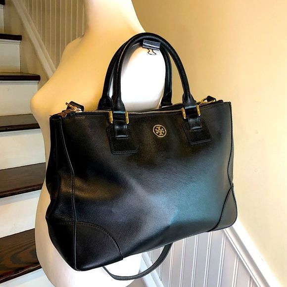 Tory Burch Handbags - TORY BURCH Black Saffiano Leather Satchel Tote Shoulder Bag with Three Sections